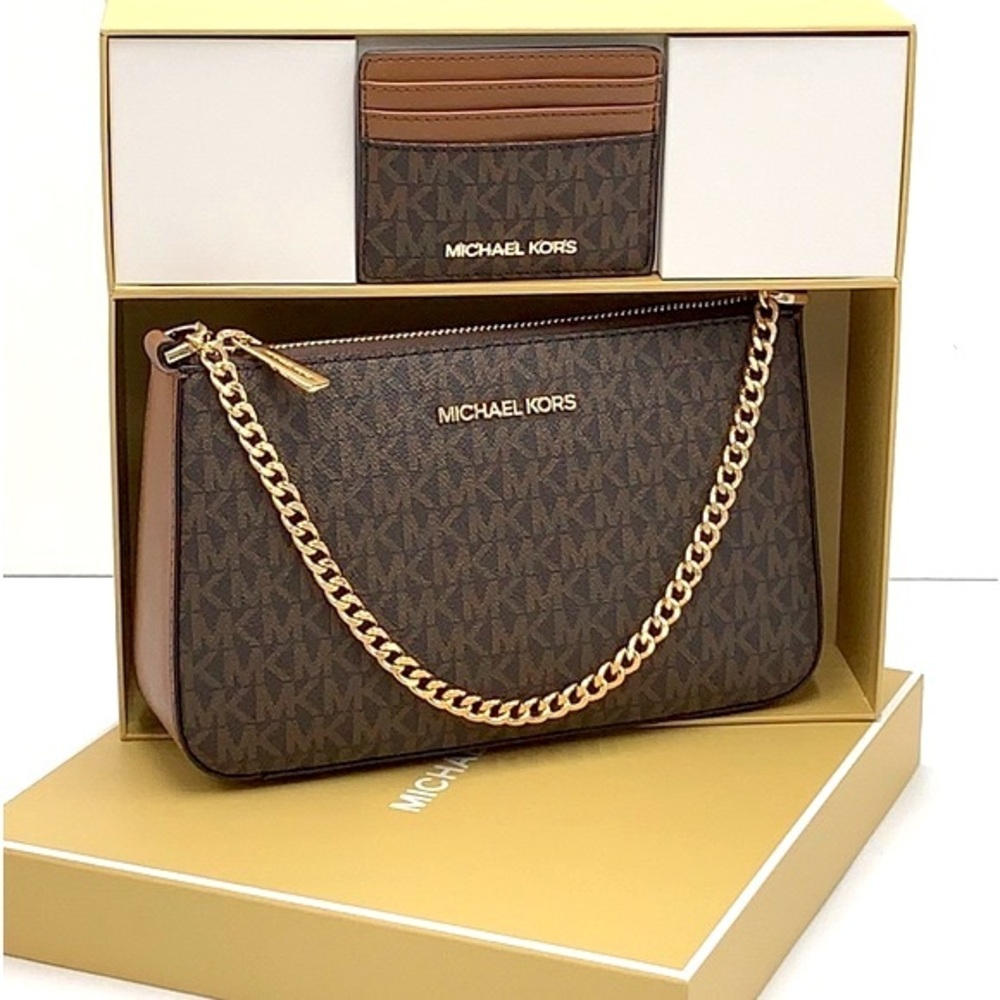 MICHAEL KORS GIFTABLE SHOULDER BAG & CARD HOLDER BOXED SET Brown signature NWT